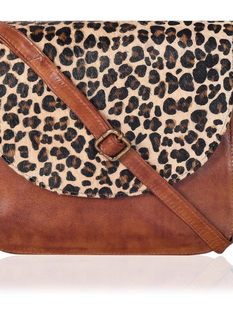 Genuine Leather Cheetah Tan Crossbody Purse Women Adjustable Strap Zipper Pocket
